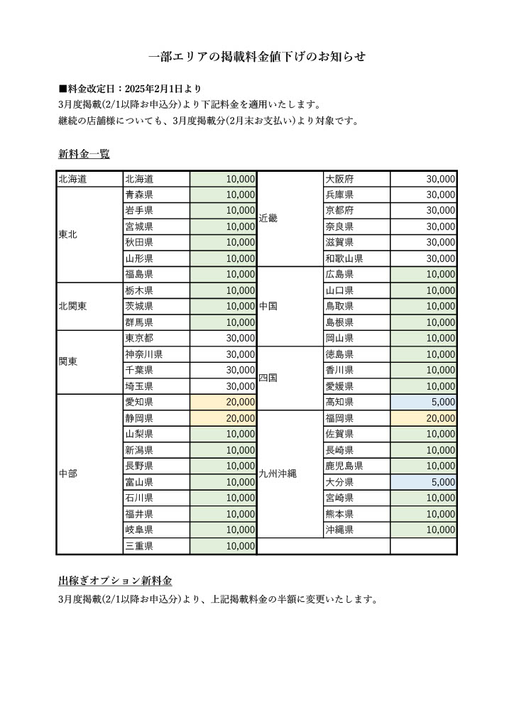 【はたらく熟女ねっと】一部料金変更